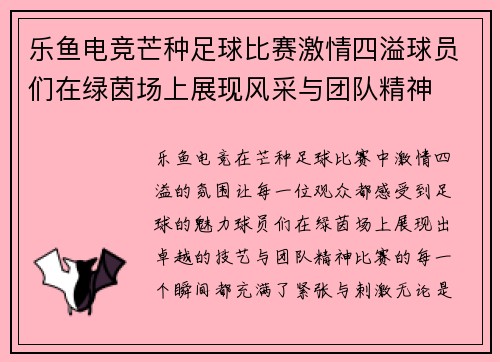 乐鱼电竞芒种足球比赛激情四溢球员们在绿茵场上展现风采与团队精神